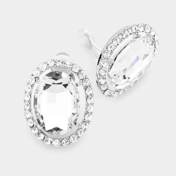 Clear Rhinestone Trim Oval Evening Silver Clip on Earring NWT - Picture 1 of 5